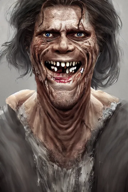 Image similar to A deranged filthy man looking like Wille. Dafoe wearing long dark damaged ripped robes looking at the ca.era with a creepy smile, long fingernails, unclipped fingernails, sharp fingernails, focus on face, sharp focus, digital painting, trending on artstation, concept art, fantasy, medieval, D&D