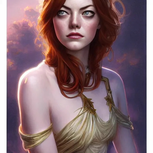 Image similar to beautiful young emma stone, closeup, d & d, fantasy, intricate, elegant, highly detailed, digital painting, artstation, concept art, matte, sharp focus, illustration, art by artgerm and greg rutkowski and alphonse mucha