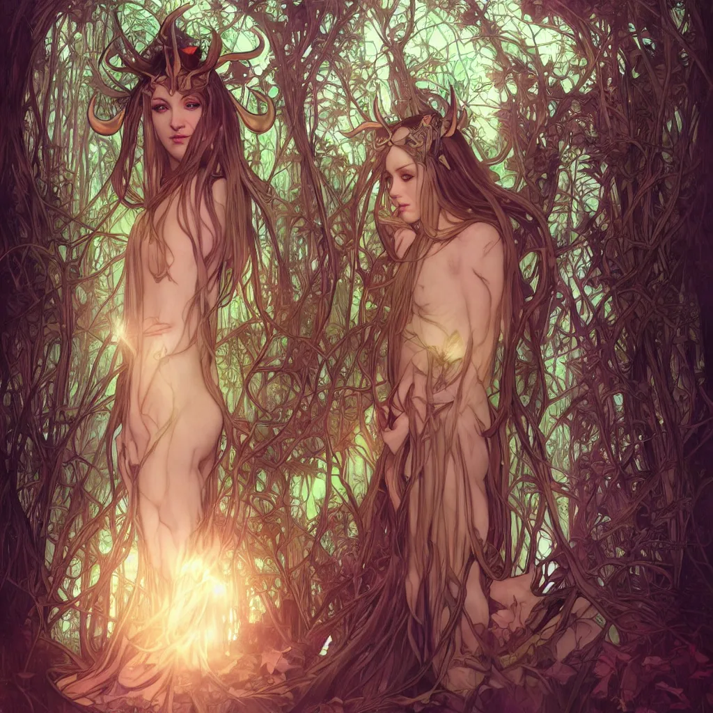 Image similar to bioluminescent glowing pagan god with horns in very dark forest by artgerm and alphonse mucha, portrait, fantasy, clear, light beams, lens flare, intense, uhd, amazing depth, cinematic lighting