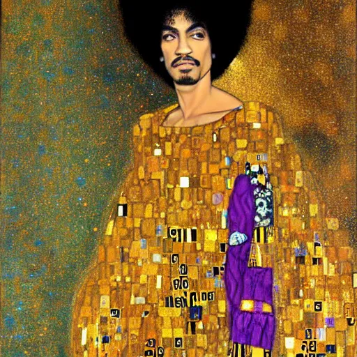 Image similar to a painting of Prince in the style of Klimt. Gold color scheme