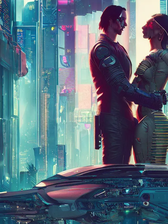 Image similar to a cyberpunk 2077 couple portrait of Keanu Reeves&female android in final kiss,love,film lighting,by Laurie Greasley,Lawrence Alma-Tadema,Dan Mumford,artstation,deviantart,FAN ART,full of color,Digital painting,face enhance,highly detailed,8K,octane,golden ratio,cinematic lighting