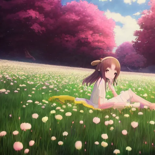 Prompt: portrait of the girl relaxing at the floss flower field, anime fantasy illustration by tomoyuki yamasaki, kyoto studio, madhouse, ufotable, square enix, cinematic lighting, trending on artstation