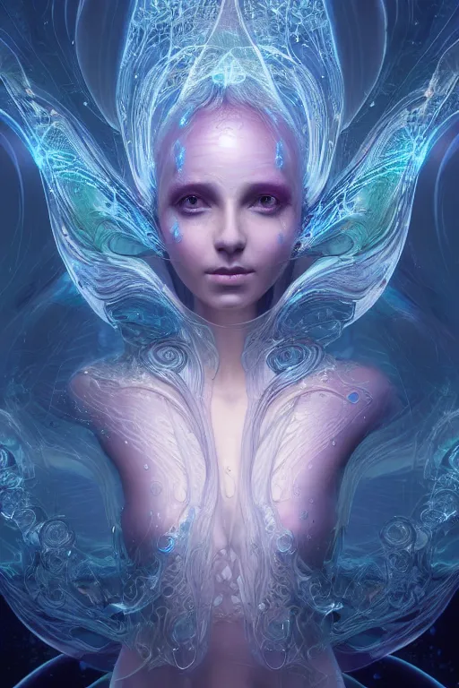 Image similar to a render of an ancient futuristic ethereal pixie with digital modifications surrounded by a underwater ink pour and flowing liquid gallium and complex sacred geometry, powerful, cinematic, beautifully lit, perfect face, by beeple, by artgerm, by karol bak, by brian froud, 3 d, trending on cgsociety, octane render, 8 k