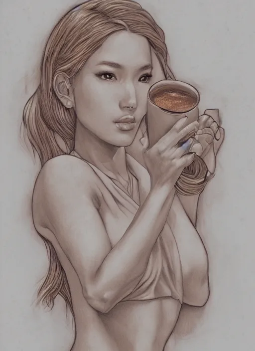Prompt: People Spice Latte, by artgerm, mixed media on toned paper, 2021, very detailed