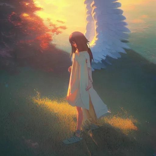 Prompt: Guardian angel by makoto shinkai, thomas kinkade, james gilleard, very detailed, deviantart, artstation, 8K