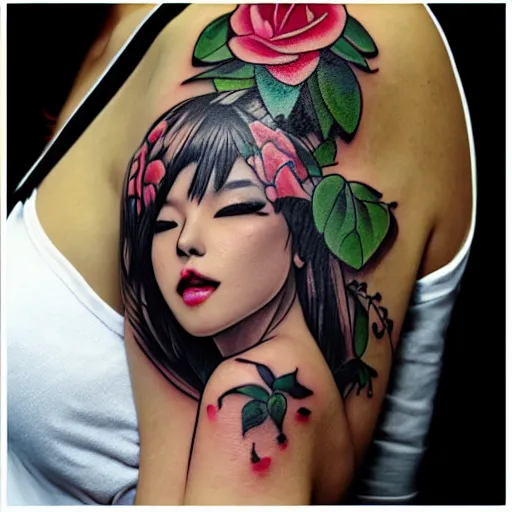 Prompt: tattoo design, stencil, beautiful japanese girls face, roses and ivy surrounding, looking over shoulder by artgerm, artgerm, cat girl, anime