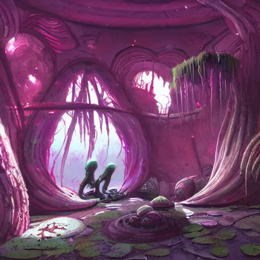 Image similar to concept art painting of a interior of an alien fantasy fungus house, realistic, detailed, cel shaded, magenta, dark, in the style of makoto shinkai and greg rutkowski and james gurney
