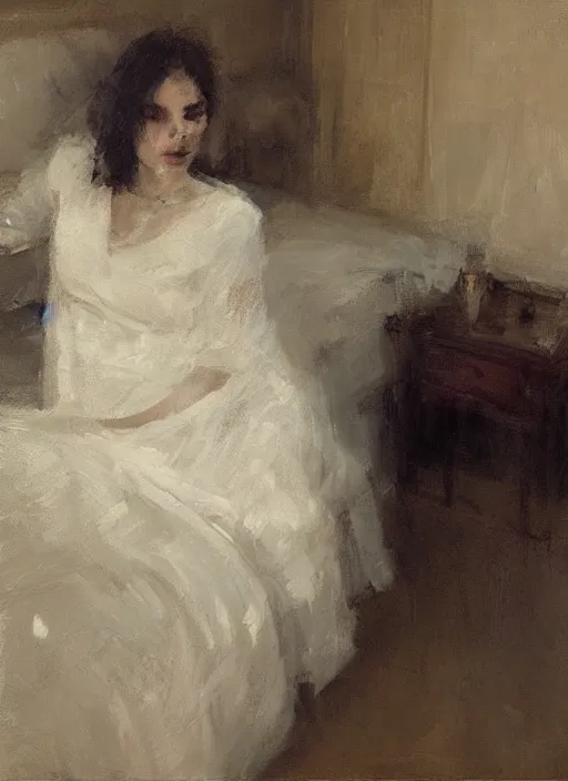 Image similar to portrait painting of a woman posing in an artistic over a bed, white lace sheets by jeremy mann, only one head single portrait