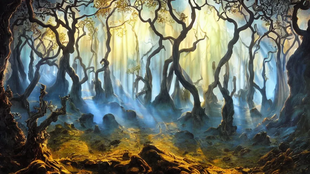 Prompt: A Salvador Dali oil painting of a hauntingly beautiful elven forest in the morning; rays of light coming through the canopy; trending on artstation; extraordinary masterpiece!!!!!!; 8k