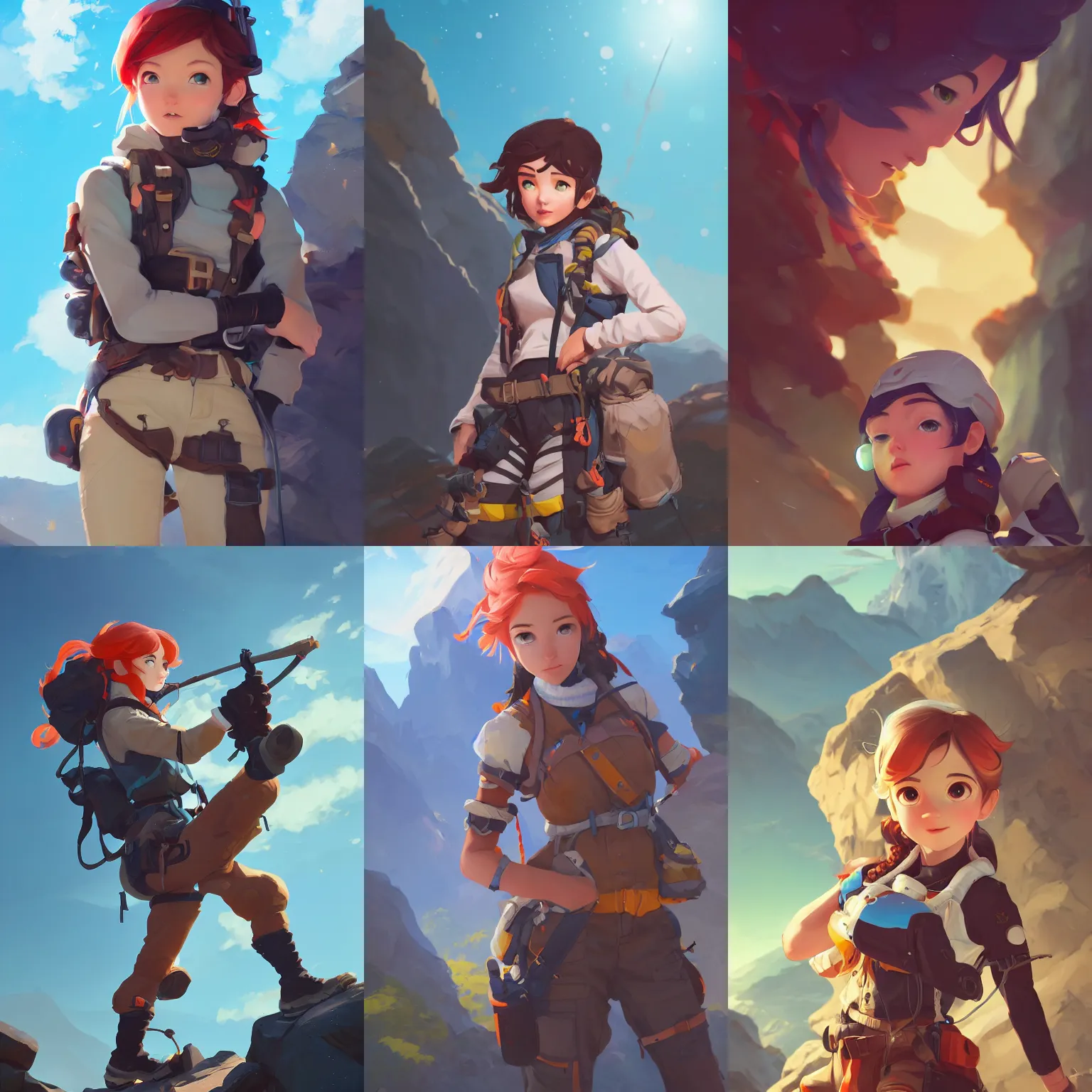 Prompt: a portrait of a cute young female mountaineer, outdoors setting, overwatch art team, action pose, vivid colors, soft lighting, atmospheric, cinematic, moody, splash art in the style of ilya kuvshinov and range murata, oil on canvas, 8 k