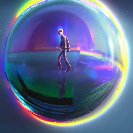 Prompt: long shot of a singular giant ball made of rainbow glass, cinematic space scenery, concept art, by esao andrews, by gerhard richter, by ridley scott, volumetric light, beautiful oil painting, realistic reflections, smooth, lens flare, depth perception, high depth of field, 4 k, 3 d octane render, hyperrealistic, trending on artstation