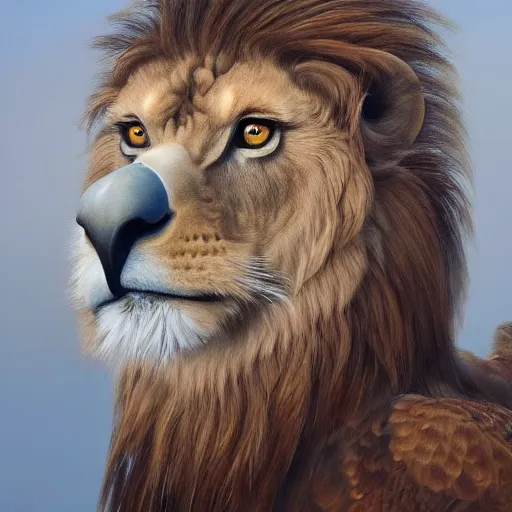 Image similar to a realistic oil painting portrait of a griffon ( lion eagle hybrid ), highly detailed, trending on artstation, by james gurney and michael whelan