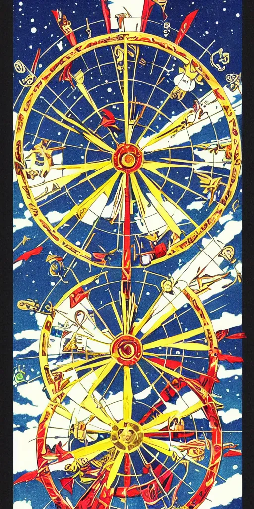 Image similar to Wheel of Fortune tarot card by a famous anime artist, clean, sharp lines, minimalistic,