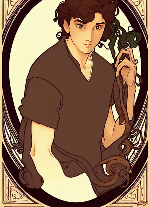 Image similar to art nouveau portrait of a handsome young man with curly medium length light brown hair, brown eyes, aloof, t - shirt, natural lighting, path traced, highly detailed, high quality, cartoon, digital painting, by don bluth and ross tran and studio ghibli and alphonse mucha