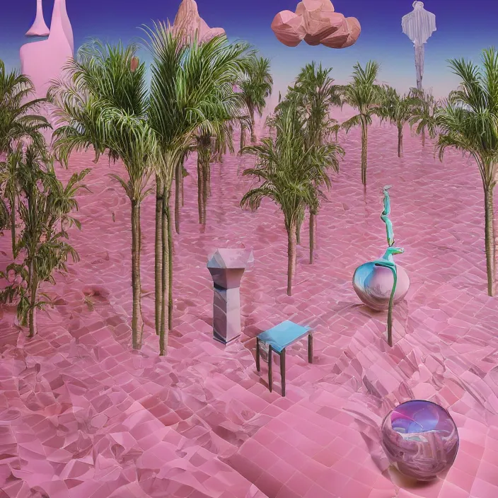 Prompt: hyperrealistic geometric objects in a surreal minimalistic 8 0's dreamscape environment by salvador dali, enormous emoji, highly detailed, 3 d render, octane, beautiful lighting, photorealistic, intricate, elegant, wayne barlowe, water, mirrors, pink doorway, beautiful, masterpiece, trending on artstation, palm tree