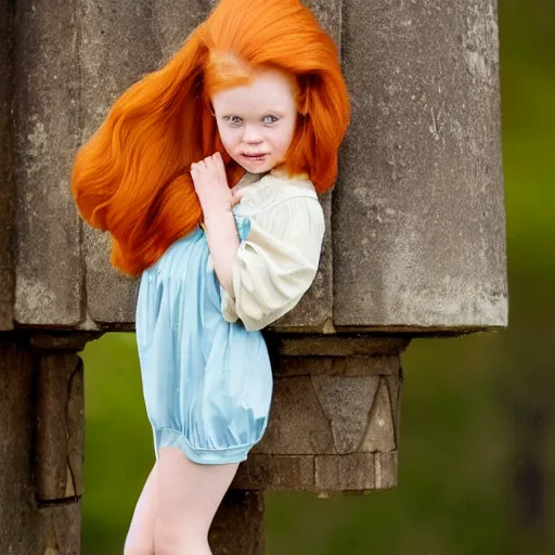 Prompt: a ginger hair princess locked in tower like rapunzel