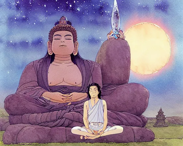 Image similar to a hyperrealist studio ghibli watercolor fantasy concept art of a giant long haired buddha in lotus position in stonehenge with a starry sky in the background. a giant rocket ship from independence day ( 1 9 9 6 ) is floating in the air. by rebecca guay, michael kaluta, charles vess