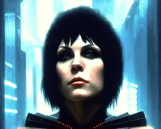 Image similar to a 4 k cinematic screenshot still portrait of joan jett in bladerunner, deep focus, d & d, fantasy, intricate, elegant, highly detailed, digital painting, artstation, concept art, matte, sharp focus, illustration, dark fantasy style art, hearthstone, art by artgerm and greg rutkowski and alphonse mucha