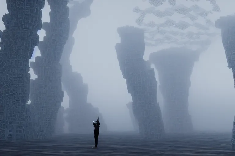 Prompt: a tourist taking a photo of a complex organic fractal 3 d living humanoid megastructure, cinematic shot, foggy, photo still from movie by denis villeneuve