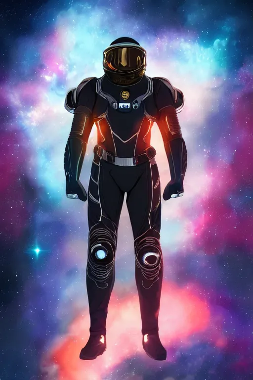 Image similar to cinematic action shot handsome black man in an advanced spacesuit in front of exploding nebulae halos, digital illustration trending on artstation by artgerm and rutkowski