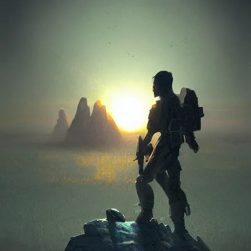 Prompt: a lone soldier sci-fi retro walking on a dead planet while in the horizon you can see a beutiful sunset digital painting, artstation, concept art, soft light, hdri, smooth, sharp focus, illustration, fantasy, intricate, elegant, highly detailed, D&D, matte painting, in the style of Greg Rutkowski and Alphonse Mucha and artemisia, 8k, highly detailed, jurgens, rutkowski, bouguereau, pastoral, rustic, georgic