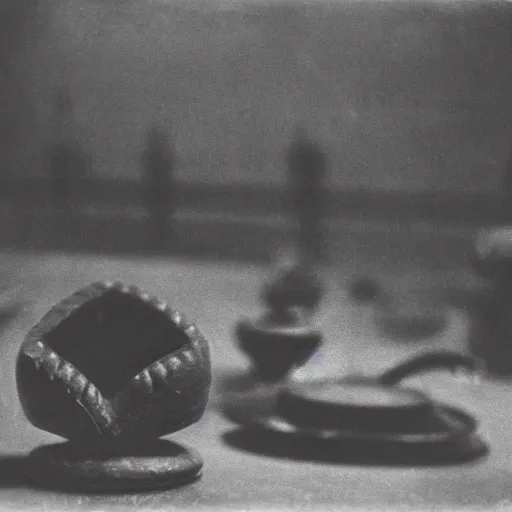 Image similar to an object on display in an ethnographic museum, film still, cinematic, out of focus, enhanced, 1 9 2 0 s, black and white, grain