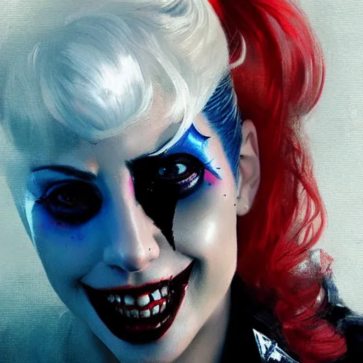 Prompt: lady gaga as harley quinn, portrait, painted by greg rutkowski