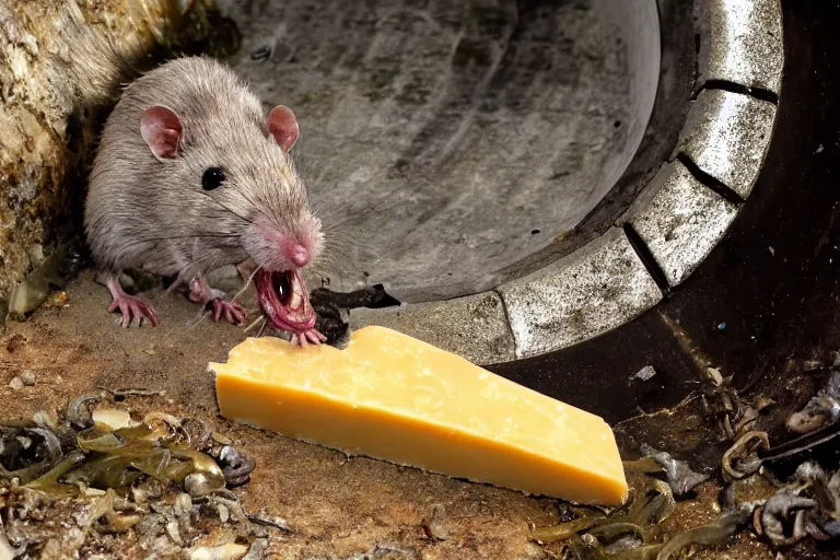 Image similar to a mutant disgusting rat eating cheese in a sewer, photograph, terror, horror, mutant,