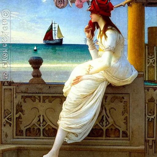 Image similar to A jester girl behind the beach castle balustrade, sail boat on the background, major arcana clothes, by paul delaroche, alphonse mucha and arnold böcklin arnold böcklin hyperrealistic 8k, very detailed