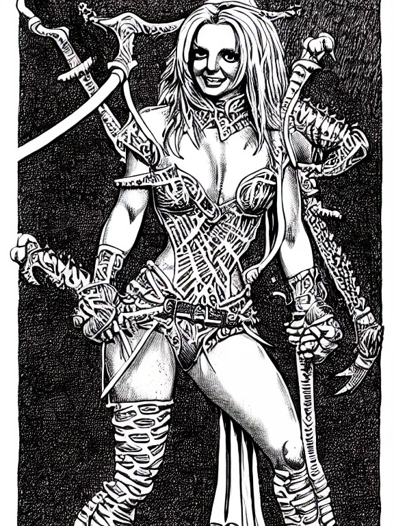 Image similar to britney spears as a d & d monster, full body, pen - and - ink illustration, etching, by russ nicholson, david a trampier, larry elmore, 1 9 8 1, hq scan, intricate details, inside stylized border