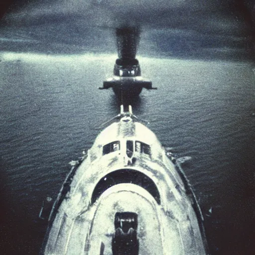 Prompt: a submarine cruising over a the eye of a massive sea creature, murky water, dark water, dark!!!, creepy, terrifying, megalophobia, huge!!!, scary, old polaroid, expired film, top down view, underwater,