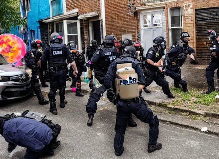 Image similar to Photo of a police raid on a colourful anarchist squat