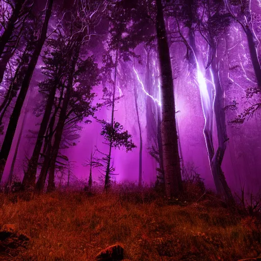 Image similar to purple lightning striking a dark forest during a full moon at night, misty, spooky, cinematic lighting, 8k render, hyperrealistic, ultra HD,