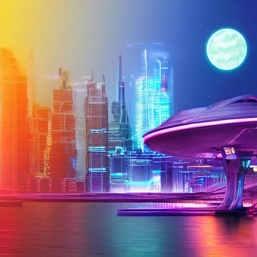 Prompt: neon sci - fi city, futuristic, neon colours, high saturation, high def, 8 k, hd, two moons on night sky,