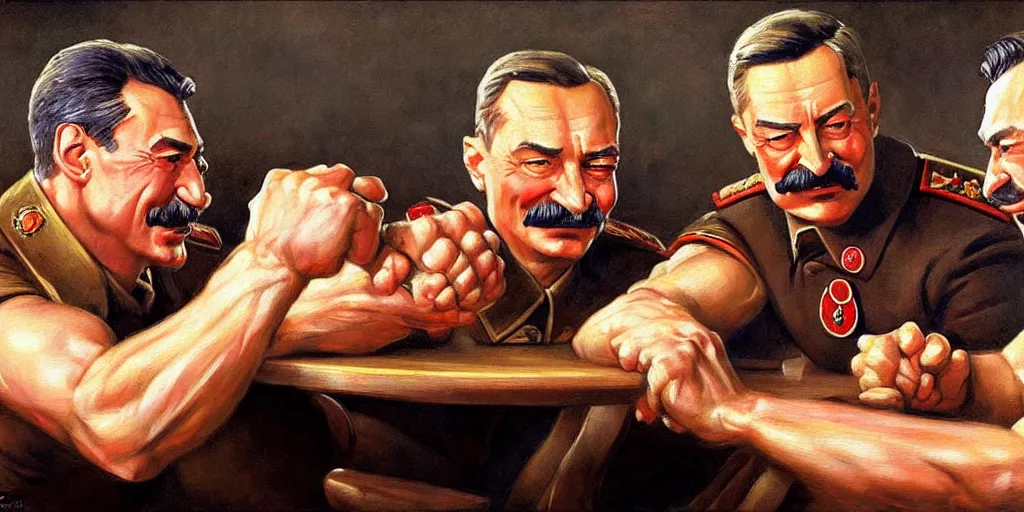 Image similar to arm wrestling between vladimit putin and iosif stalin, hyperrealistic, digital concept art, caricature illustration, art by gaston bussiere