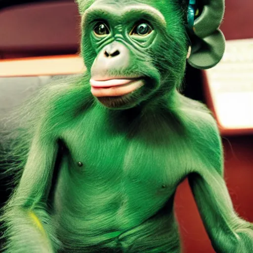 Image similar to a photo of a green chimp wearing headphones