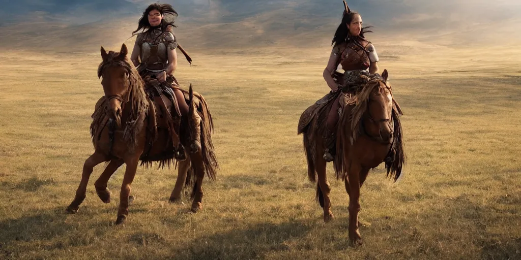 Prompt: Scythian warrior woman on horseback in steppes, still from a movie, cinematic, 4K