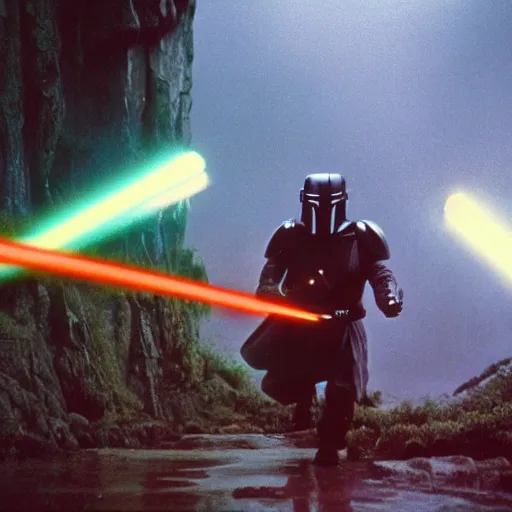 Image similar to 35mm film still jedi mandalorian training with laser sword on an epic mountain, blade runner set in a rainy tropical forest, cool colors, moody, by Alex grey