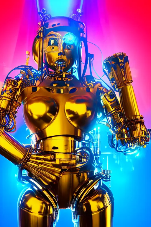 Image similar to portrait photo of a giant huge golden and blue metal humanoid steampunk cyborg female singer with a human face and gears and tubes, in the foreground is a big red glowing microphone, eyes are glowing red lightbulbs, shiny crisp finish, 3 d render, 8 k, insaneley detailed, fluorescent colors, background is multicolored lasershow