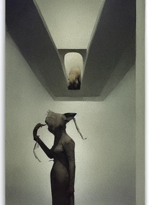 Image similar to elephant in a translucent dress made from plastic bag with paper bags for clothes standing inside paper bags with paper bag over the head at store display Edward Hopper and James Gilleard, Zdzislaw Beksinski, highly detailed