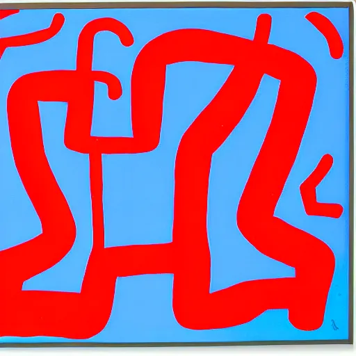 Image similar to acrylic abstract painting on canvas using primary red and blue, by keith haring