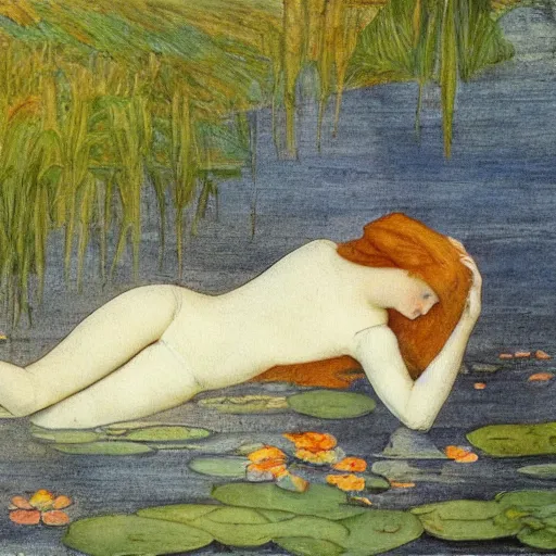 Image similar to Elizabeth Siddal swims in a lake with blue water lilies, oil painted, Pre-Raphaelite style, highly detailed, sharp focus