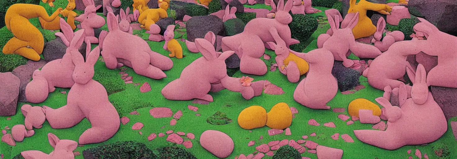 Image similar to a rock garden filled with pink rabbits, by m. c. escher, yellow, green, red, snowy, ultra sharp, ultra detailed, cyberpunk, happy, uplifting, colorized by salvador dali