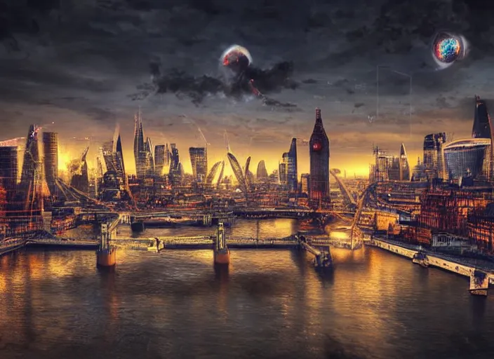 Image similar to epic cinematic artwork landscape of London's skyline in the year 3000, futurism, digital art, masterpiece, 4k