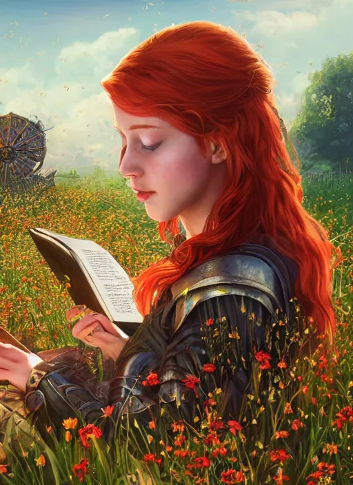 Image similar to An epic fantasy comic book style portrait painting of a young red headed girl reading a book in a field of flowers surrounded by bees in the style of the wheel of time, unreal 5, DAZ, hyperrealistic, octane render, cosplay, RPG portrait, dynamic lighting