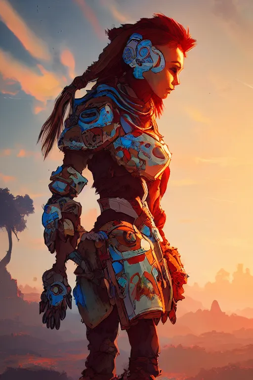 Image similar to combination suit armor aloy horizon forbidden west horizon zero dawn radiating a glowing aura global illumination ray tracing hdr fanart arstation by ian pesty and alena aenami artworks in 4 k tribal robot ninja mask helmet backpack