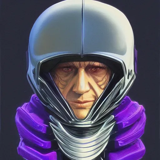 Image similar to self portrait of a humanoid raven with a helmet in the shape of a beak. purple and black body armor, digital art, realistic, ultradetailed, concept art in the style of Science Fiction. art by Syd Mead and Moebius, trending on artstation, devianart, cgsociety