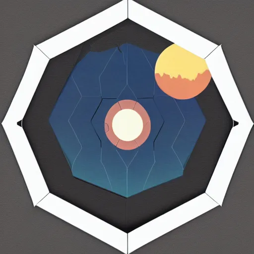 Image similar to hexagon blocking the sun, planet earth below, trending on art station, art deco, retro futurism, realistic, perspective