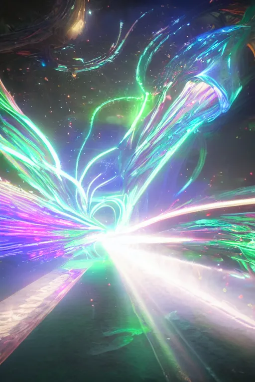 Image similar to swirling light streaks and ornate flowing light streams and intricate particle effects, unreal engine