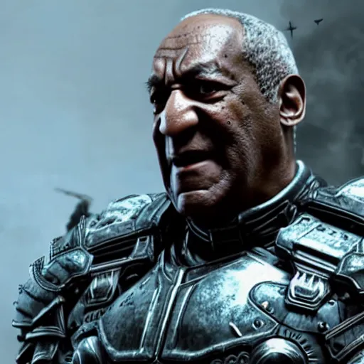 Prompt: Photo portrait of Bill Cosby as 'Crusader-Patriot-Knight'!! in Gears of War, splash art, movie still, detailed face, photorealistic facial features, cinematic lighting, dramatic, octane render, long lens, shallow depth of field, bokeh, anamorphic lens flare, 8k, hyper detailed, 35mm film grain